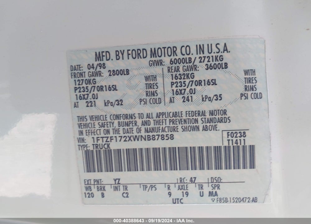 1998 FORD F-150 STANDARD/XL/XLT VIN: 1FTZF172XWNB87858