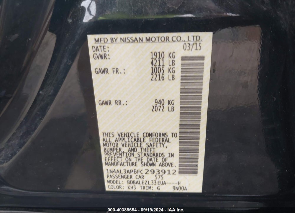 2015 NISSAN ALTIMA 2.5 S VIN: 1N4AL3AP6FC293912