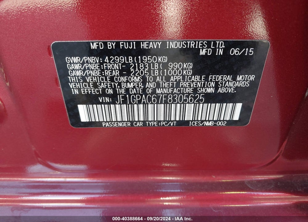 2015 SUBARU IMPREZA 2.0I PREMIUM VIN: JF1GPAC67F8305625