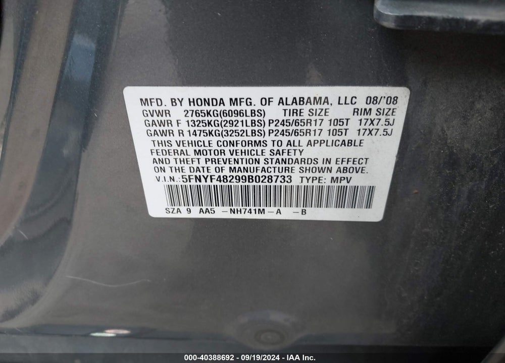 2009 HONDA PILOT LX VIN: 5FNYF48299B028733