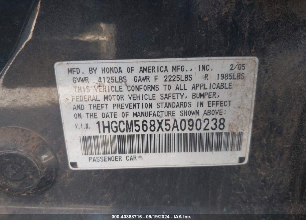 2005 HONDA ACCORD VIN: 1HGCM568X5A090238
