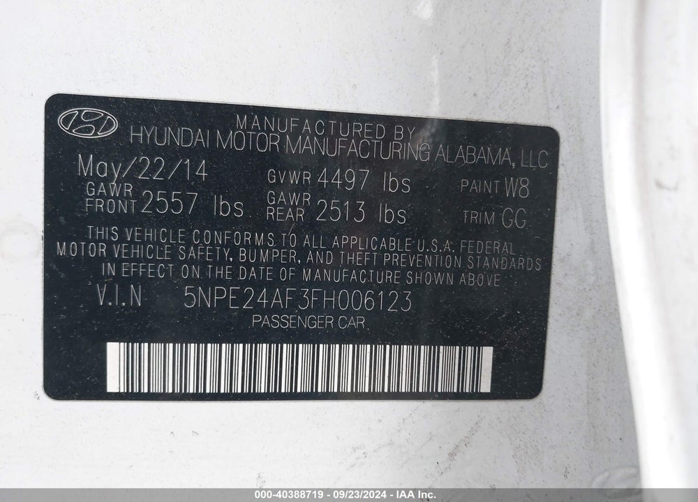 2015 HYUNDAI SONATA SE VIN: 5NPE24AF3FH006123