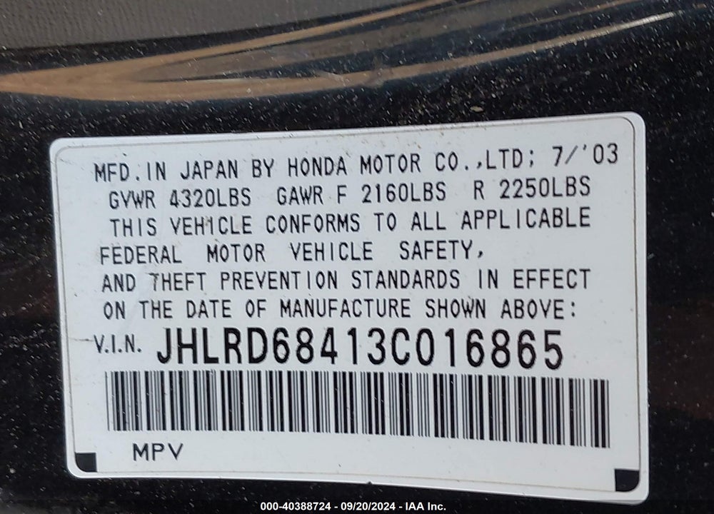 2003 HONDA CR-V LX VIN: JHLRD68413C016865