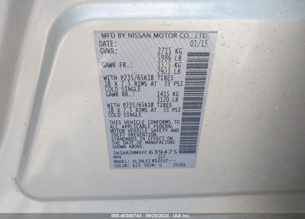 2015 NISSAN PATHFINDER PLATINUM/S/SL/SV VIN: 5N1AR2MMXFC639475