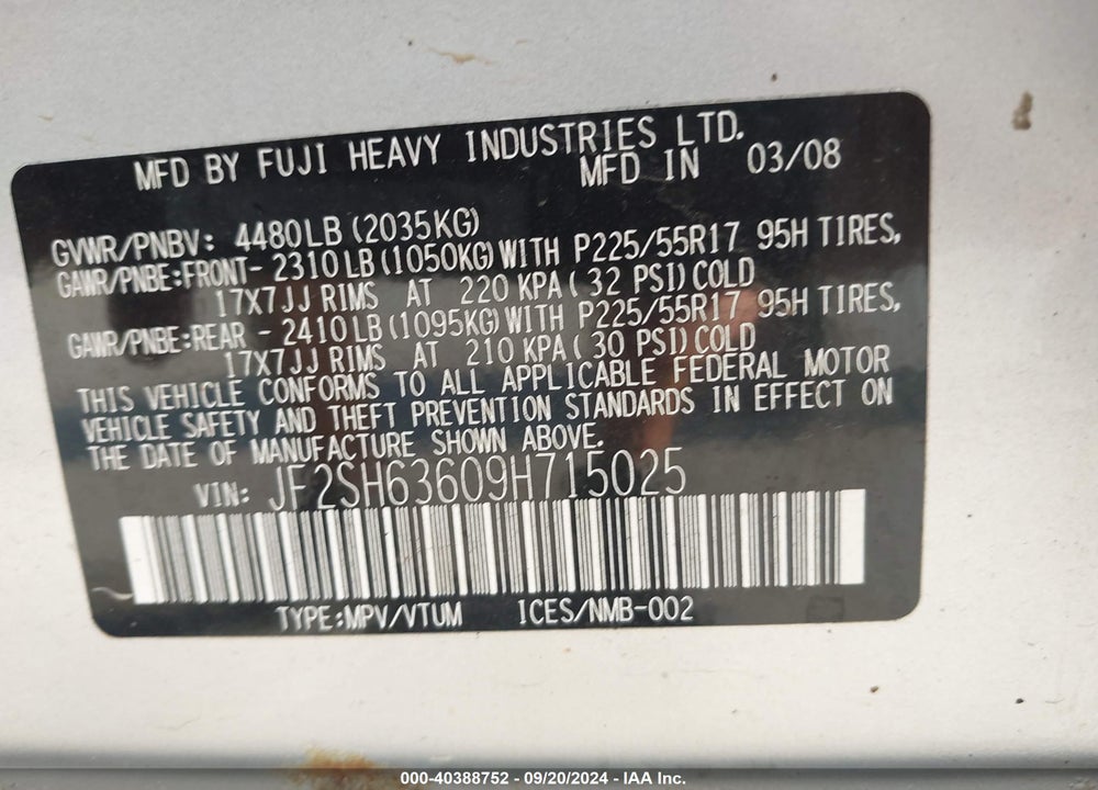 2009 SUBARU FORESTER 2.5X VIN: JF2SH63609H715025