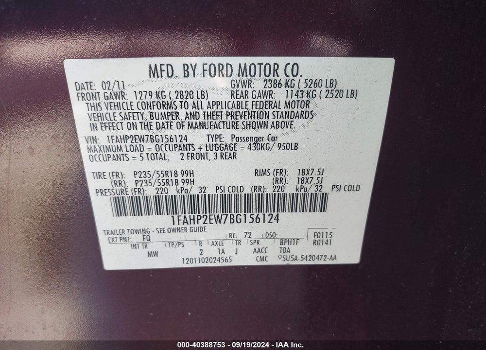 2011 FORD TAURUS SEL VIN: 1FAHP2EW7BG156124