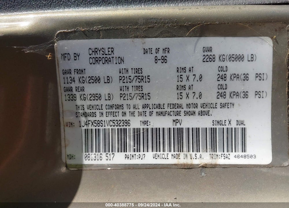 1997 JEEP GRAND CHEROKEE LAREDO/TSI VIN: 1J4FX58S1VC532396