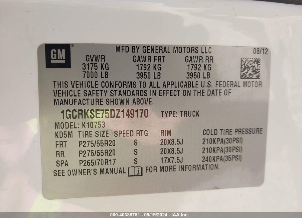 2013 CHEVROLET SILVERADO 1500 LT VIN: 1GCRKSE75DZ149170