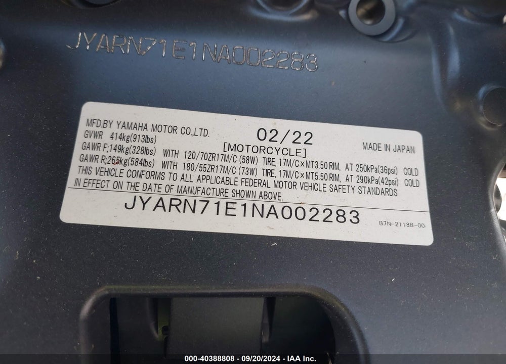 2022 YAMAHA MT09 VIN: JYARN71E1NA002283