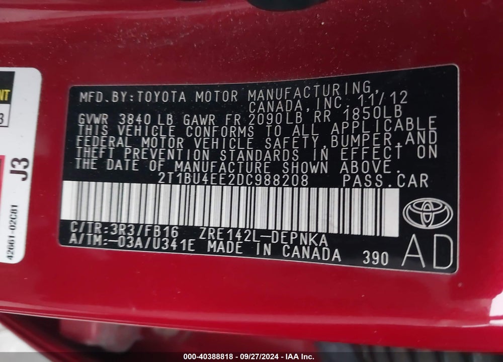 2013 TOYOTA COROLLA LE VIN: 2T1BU4EE2DC988208