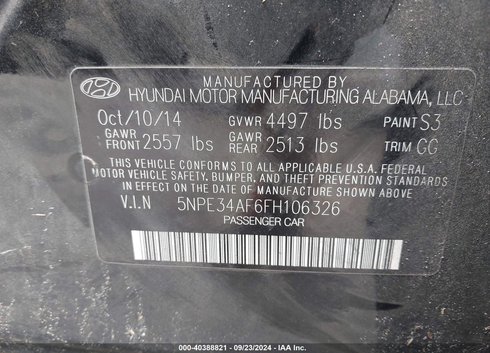 2015 HYUNDAI SONATA SPORT VIN: 5NPE34AF6FH106326