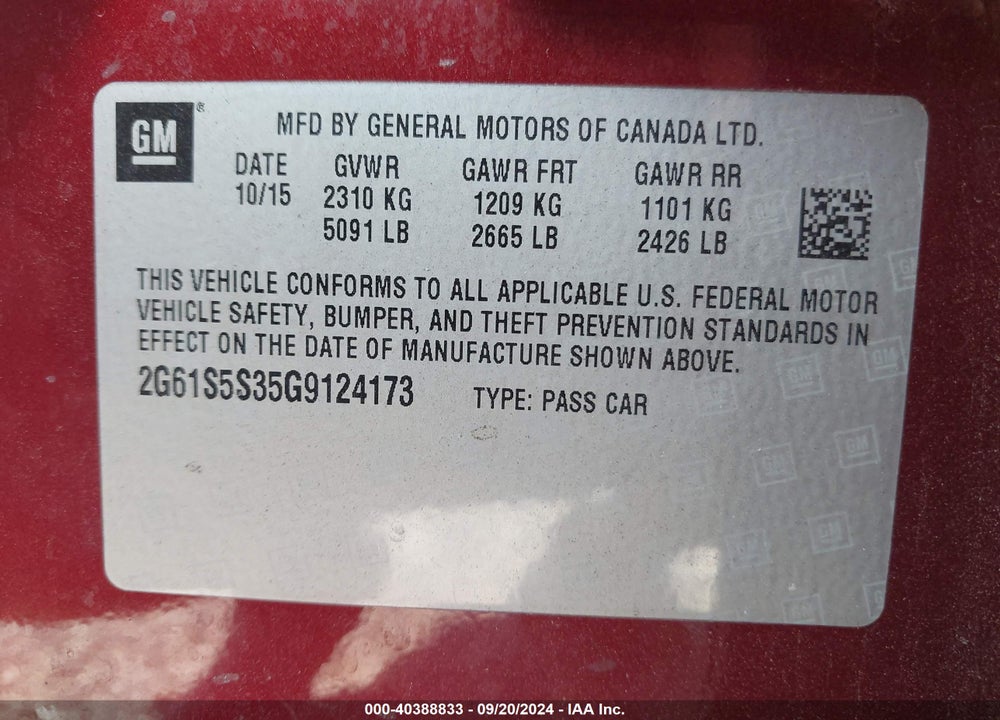 2016 CADILLAC XTS PLATINUM VIN: 2G61S5S35G9124173