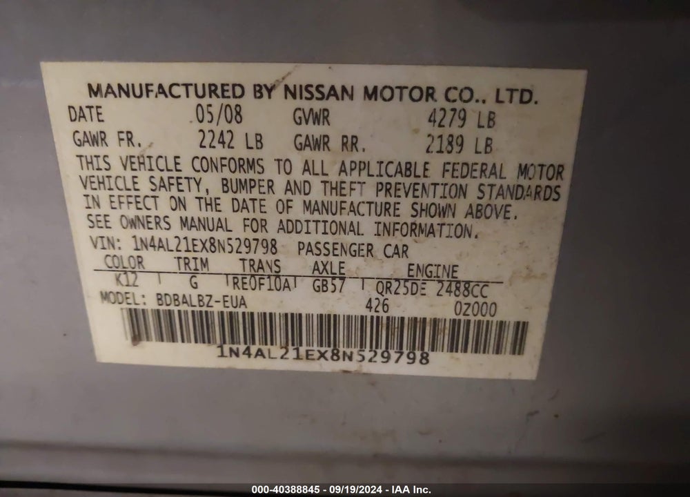 2008 NISSAN ALTIMA 2.5 S VIN: 1N4AL21EX8N529798