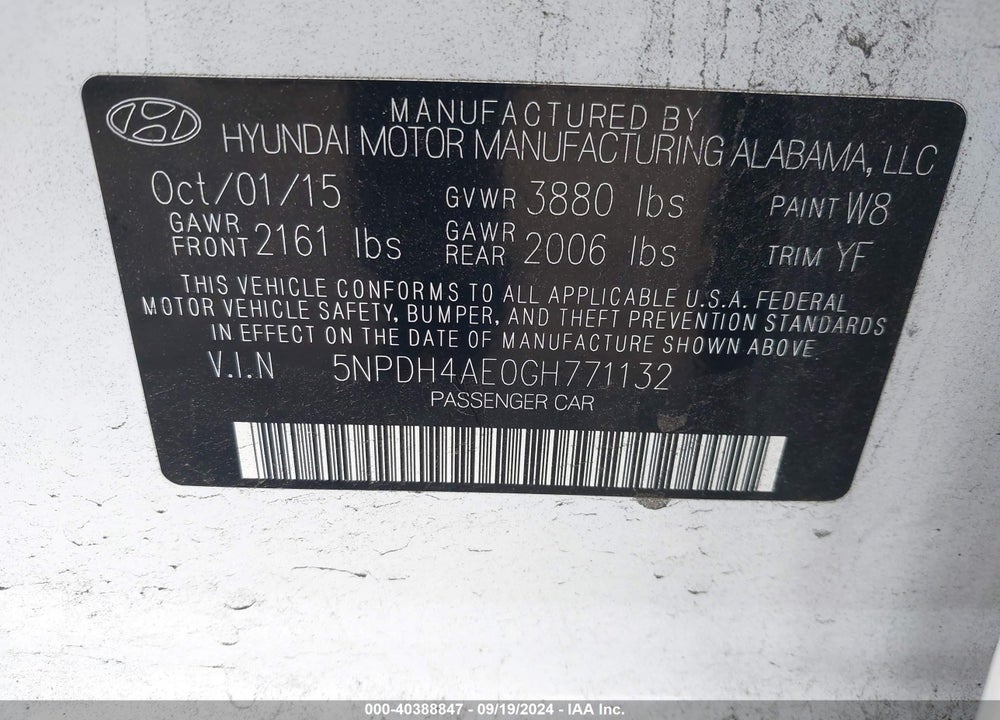 2016 HYUNDAI ELANTRA SE VIN: 5NPDH4AE0GH771132