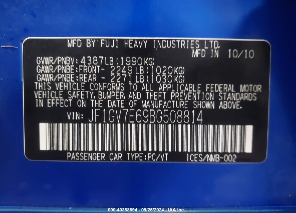 2011 SUBARU IMPREZA WRX VIN: JF1GV7E69BG508814