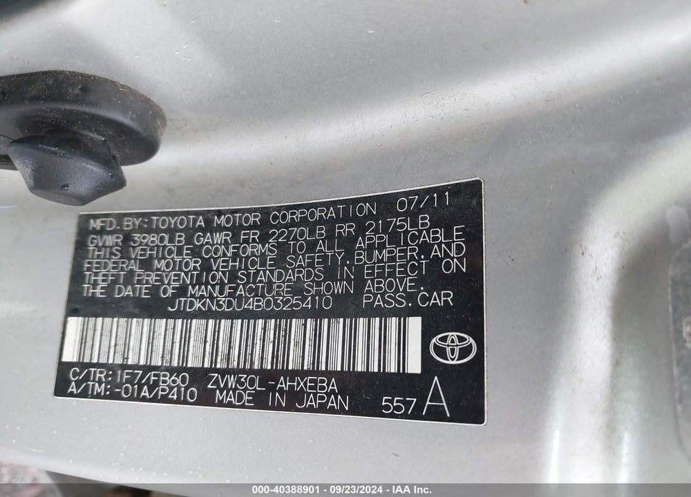 2011 TOYOTA PRIUS TWO VIN: JTDKN3DU4B0325410