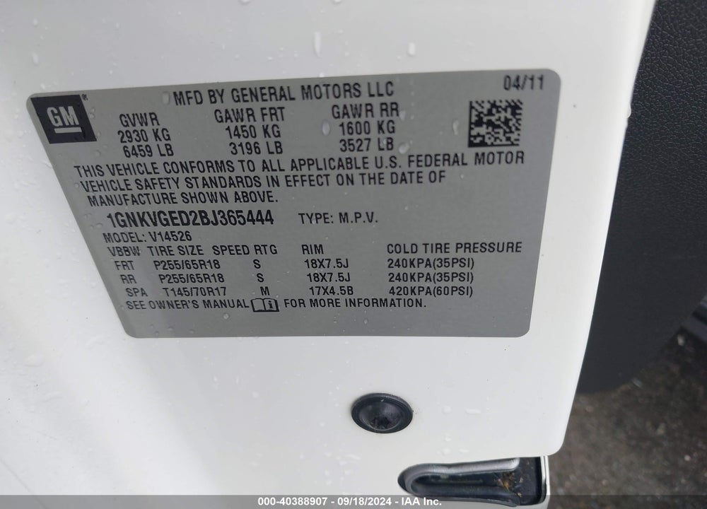 2011 CHEVROLET TRAVERSE 1LT VIN: 1GNKVGED2BJ365444
