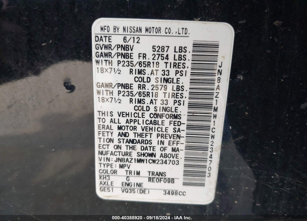 2012 NISSAN MURANO SL VIN: JN8AZ1MW1CW234703
