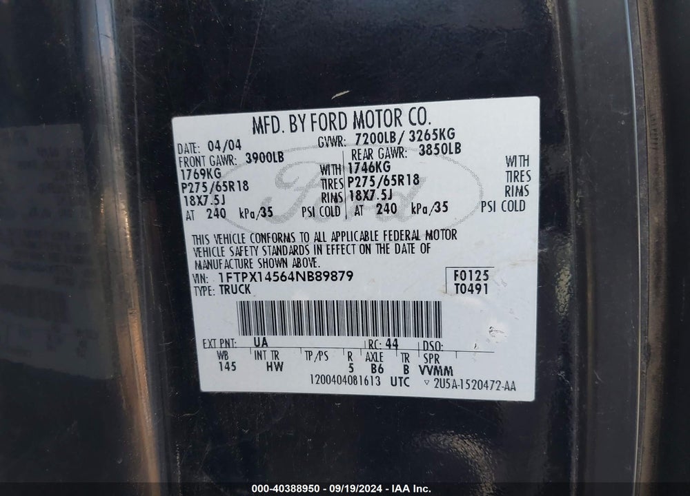 2004 FORD F150 VIN: 1FTPX14564NB89879