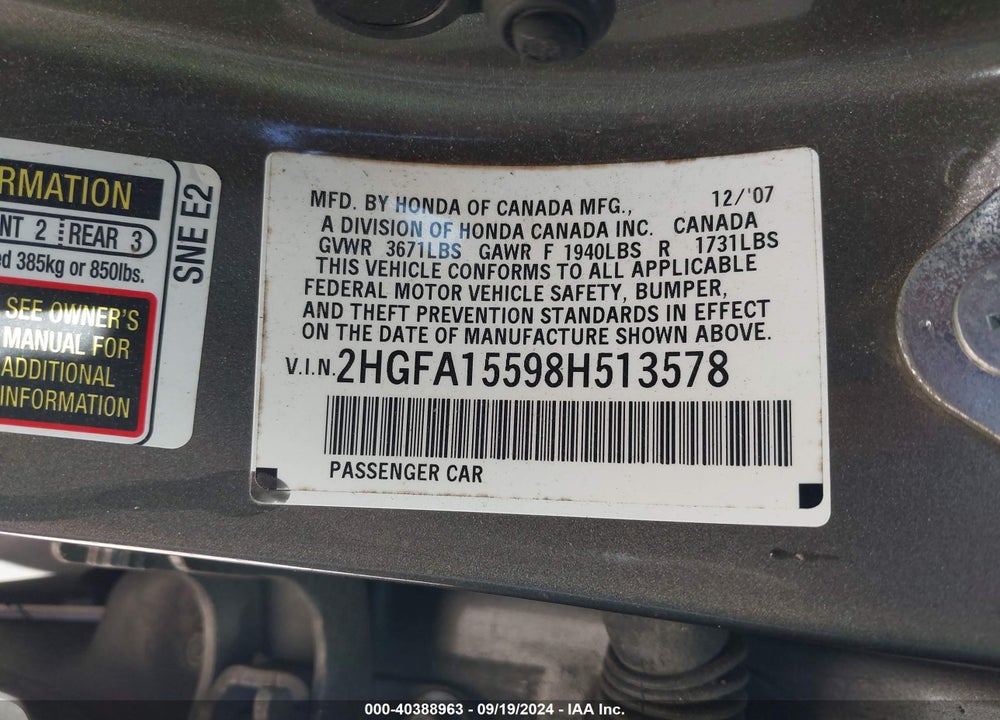 2008 HONDA CIVIC LX VIN: 2HGFA15598H513578