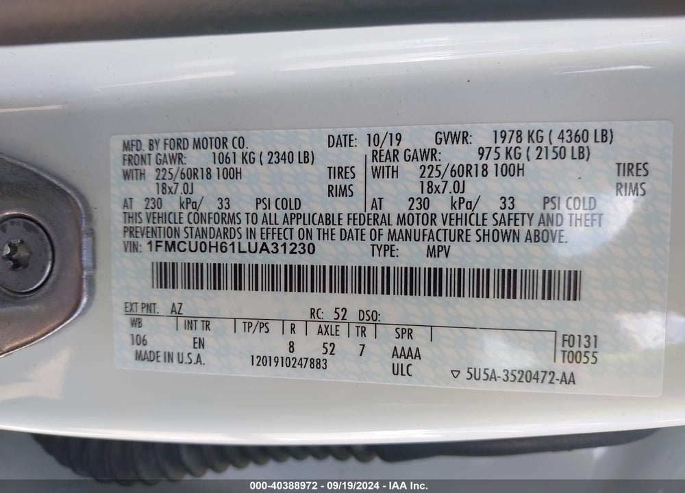 2020 FORD ESCAPE SEL VIN: 1FMCU0H61LUA31230