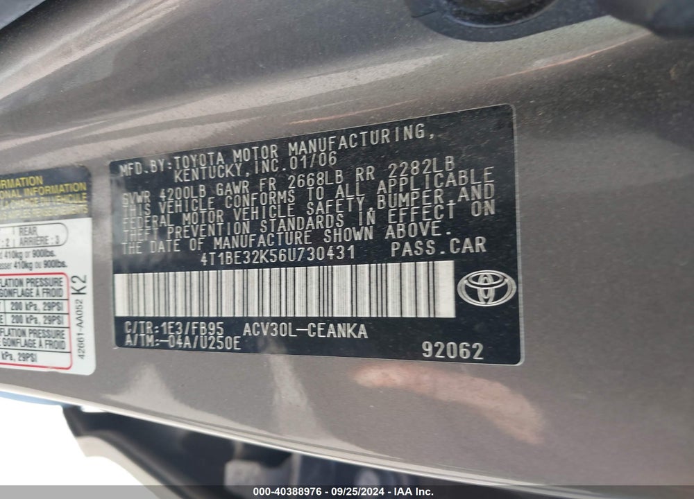 2006 TOYOTA CAMRY LE VIN: 4T1BE32K56U730431