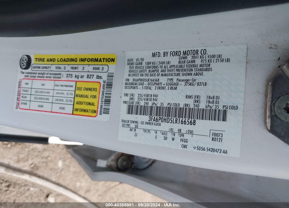 2020 FORD FUSION SE VIN: 3FA6P0HD5LR166568