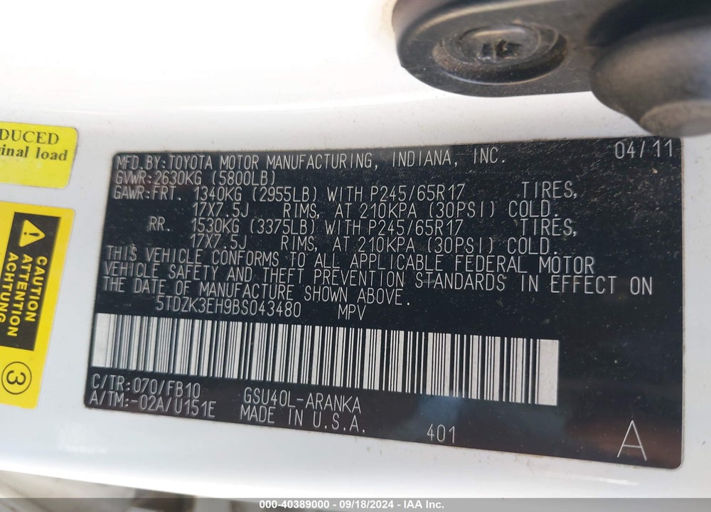 2011 TOYOTA HIGHLANDER BASE V6 VIN: 5TDZK3EH9BS043480