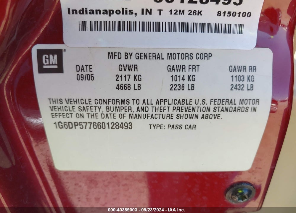 2006 CADILLAC CTS STANDARD VIN: 1G6DP577660128493