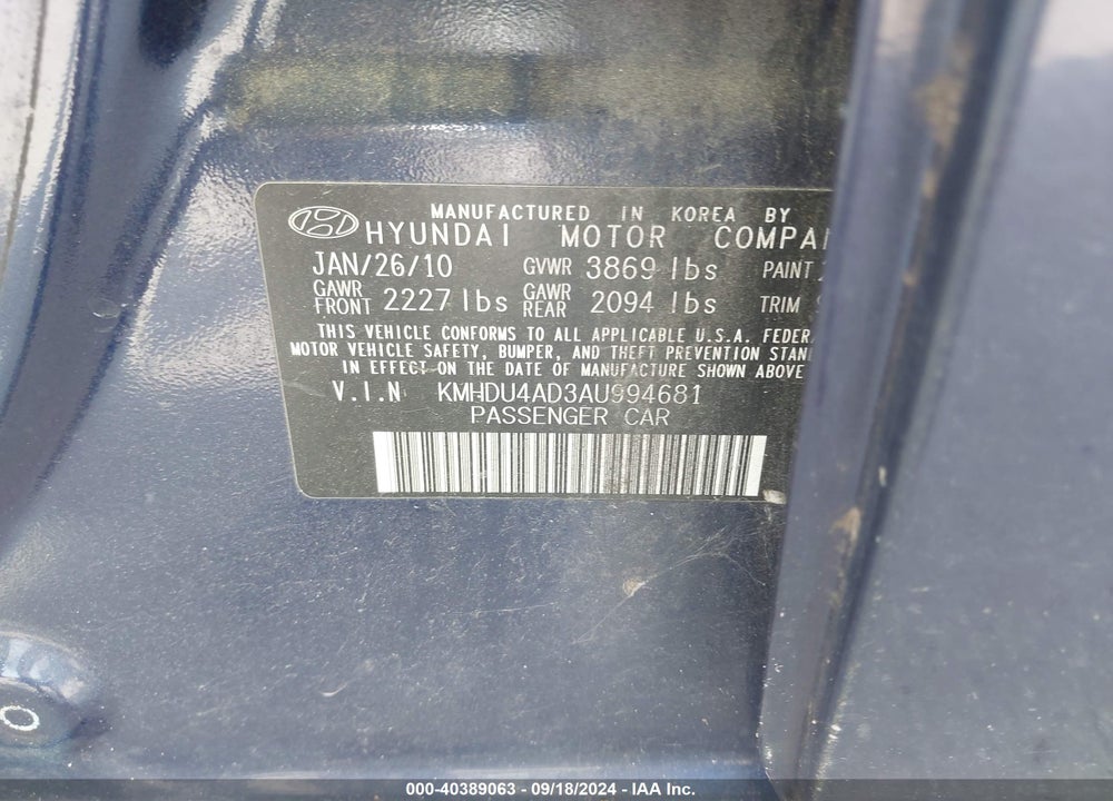 2010 HYUNDAI ELANTRA GLS VIN: KMHDU4AD3AU994681