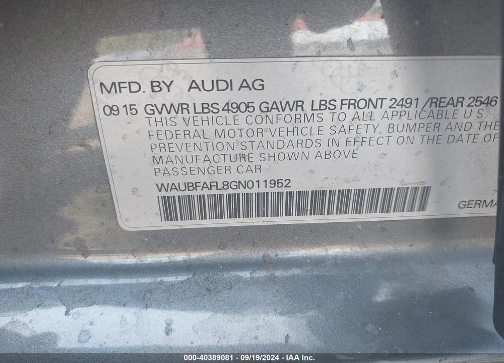 2016 AUDI A4 2.0T PREMIUM VIN: WAUBFAFL8GN011952