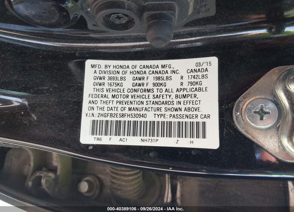 2015 HONDA CIVIC LX VIN: 2HGFB2E58FH530940