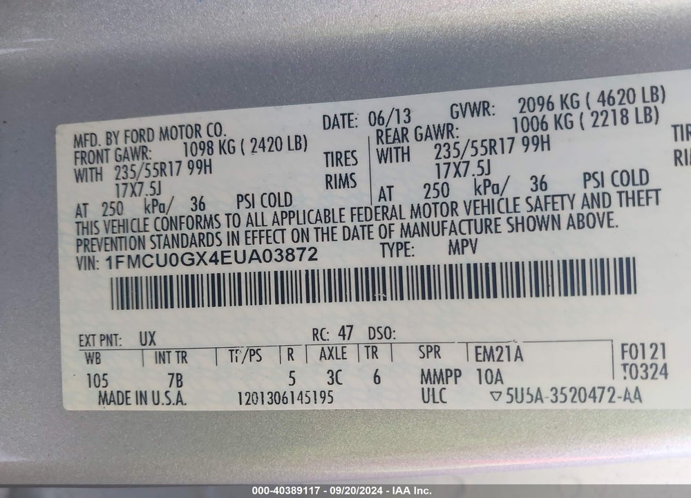 2014 FORD ESCAPE SE VIN: 1FMCU0GX4EUA03872