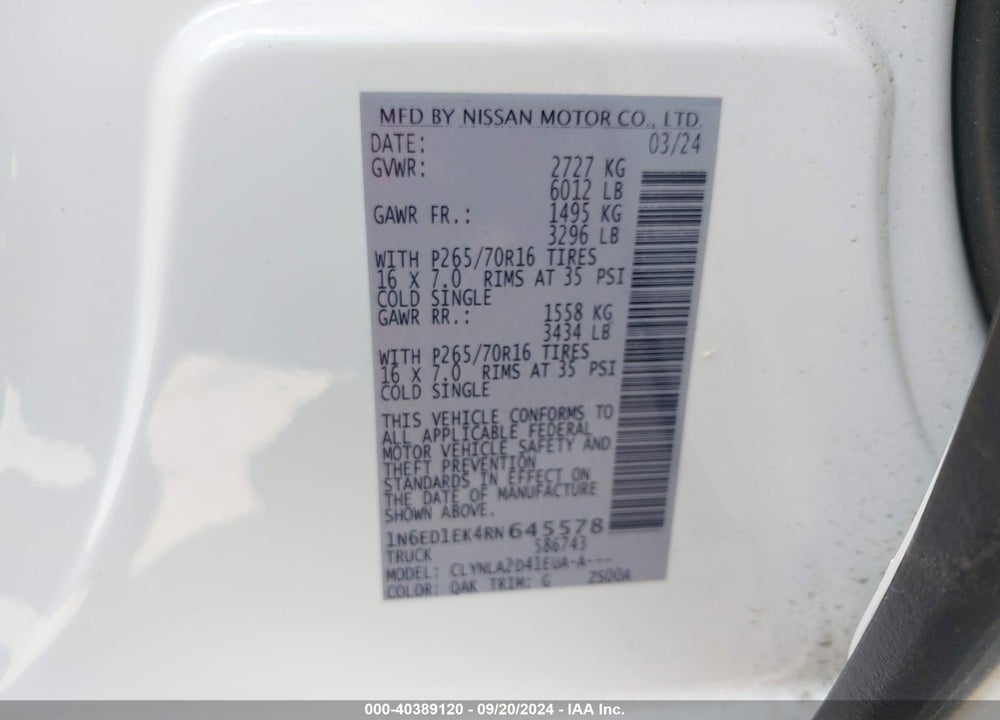 2024 NISSAN FRONTIER S 4X4 VIN: 1N6ED1EK4RN645578