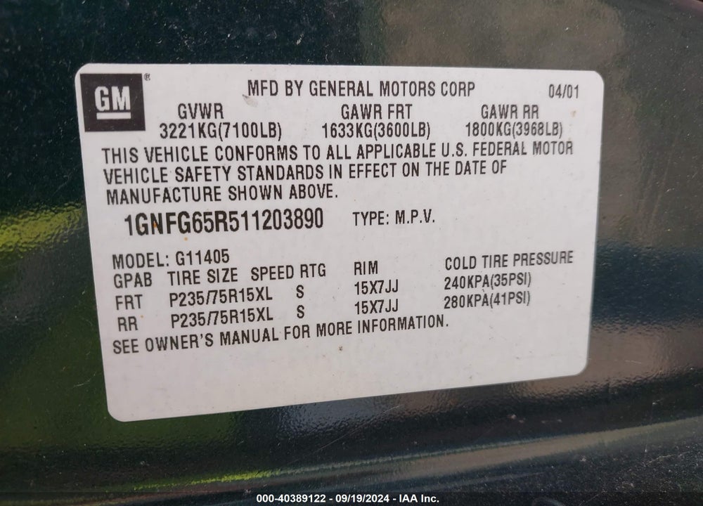 2001 CHEVROLET EXPRESS LT VIN: 1GNFG65R511203890