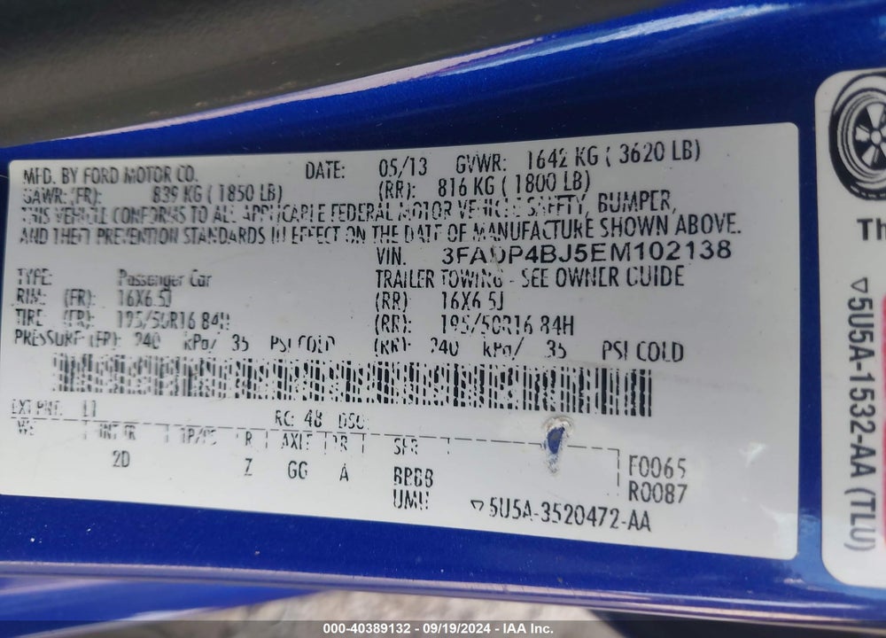 2014 FORD FIESTA SE VIN: 3FADP4BJ5EM102138