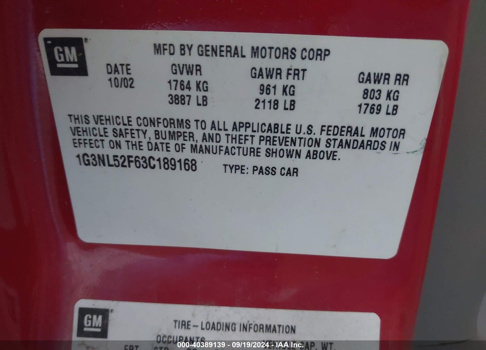2003 OLDSMOBILE ALERO GL1 VIN: 1G3NL52F63C189168