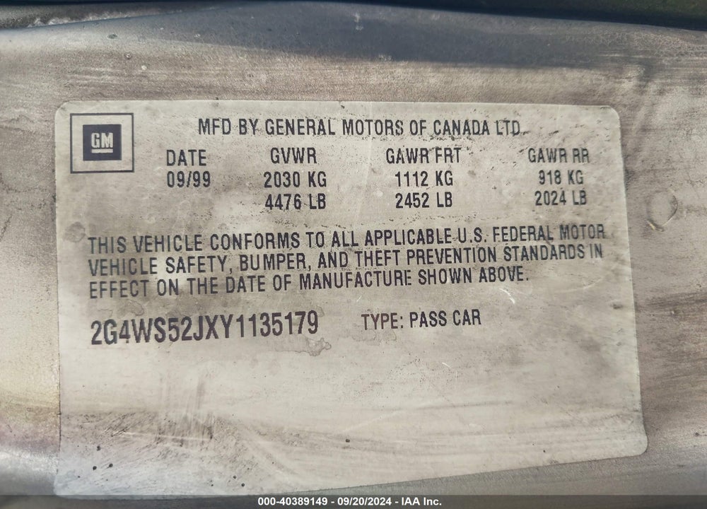 2000 BUICK CENTURY CUSTOM VIN: 2G4WS52JXY1135179