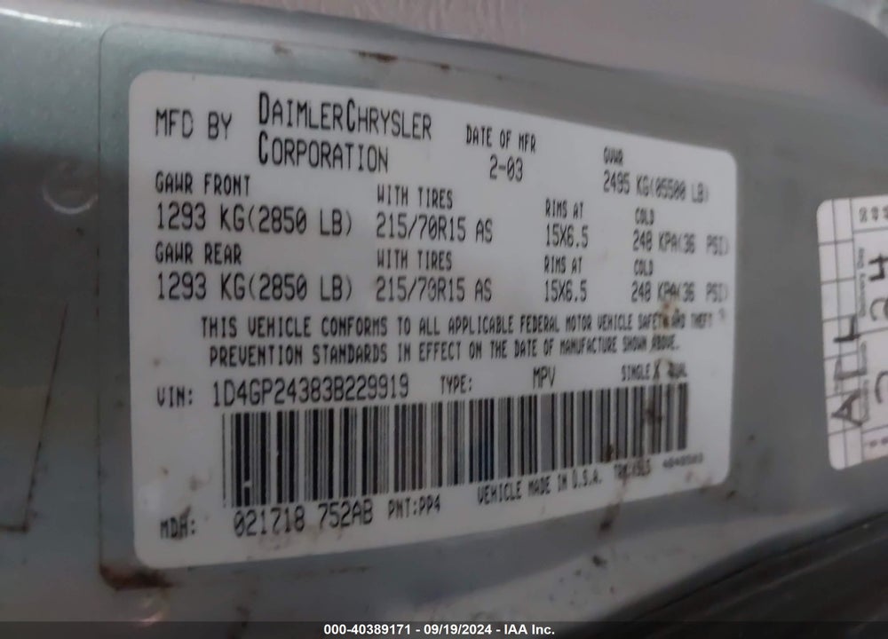 2003 DODGE GRAND CARAVAN SE VIN: 1D4GP24383B229919