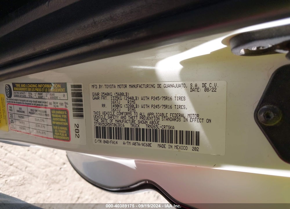 2022 TOYOTA TACOMA VIN: 3TYRX5GN5NT063816