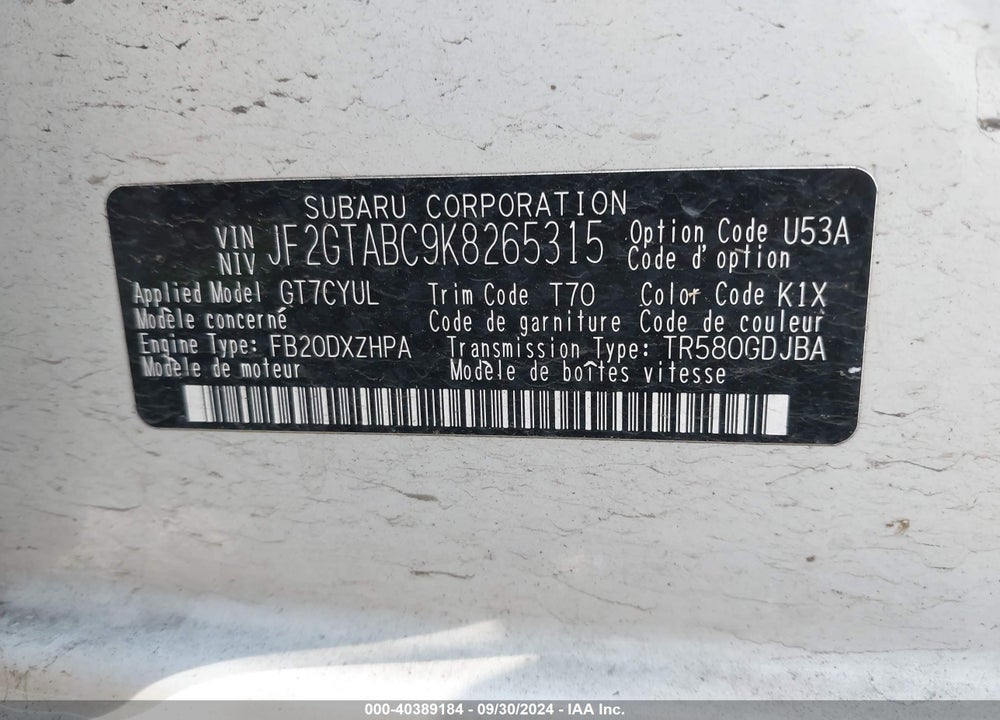 2019 SUBARU CROSSTREK 2.0I VIN: JF2GTABC9K8265315