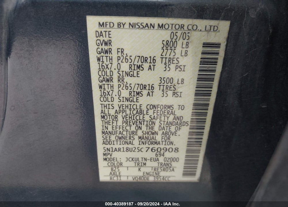 2005 NISSAN PATHFINDER SE VIN: 5N1AR18U25C760908
