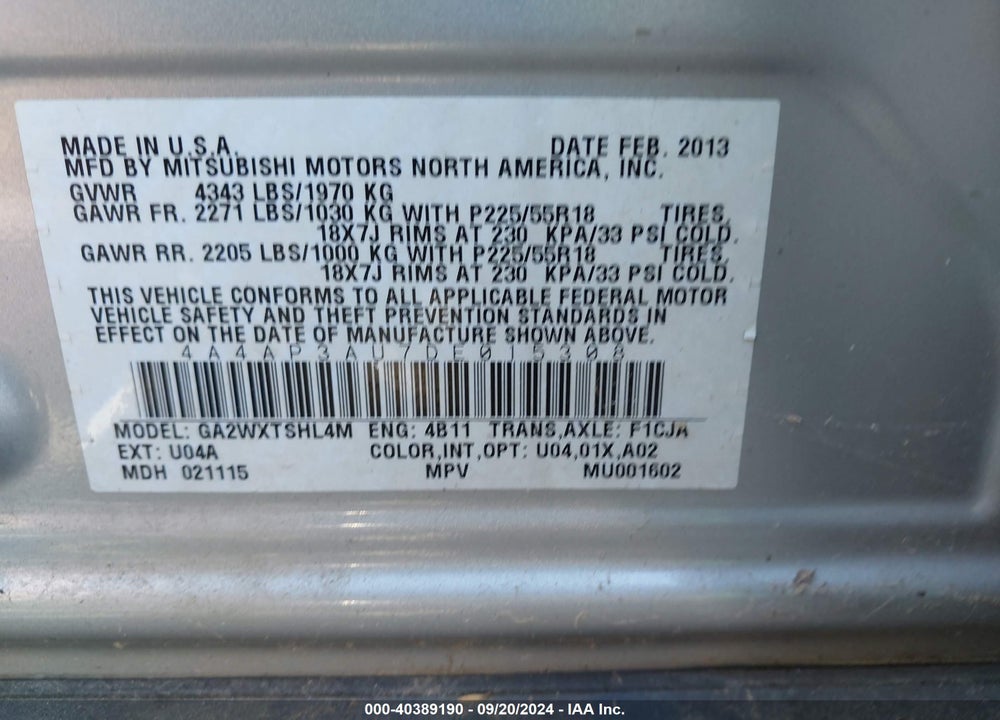 2013 MITSUBISHI OUTLANDER SPORT ES VIN: 4A4AP3AU7DE015308