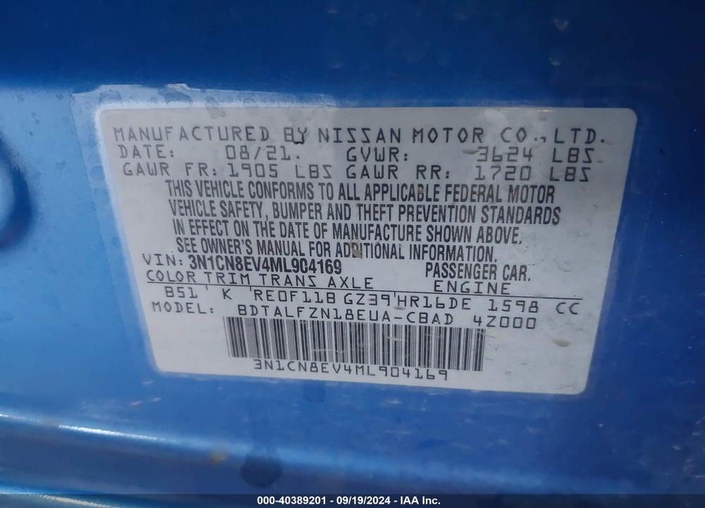 2021 NISSAN VERSA SV XTRONIC CVT VIN: 3N1CN8EV4ML904169