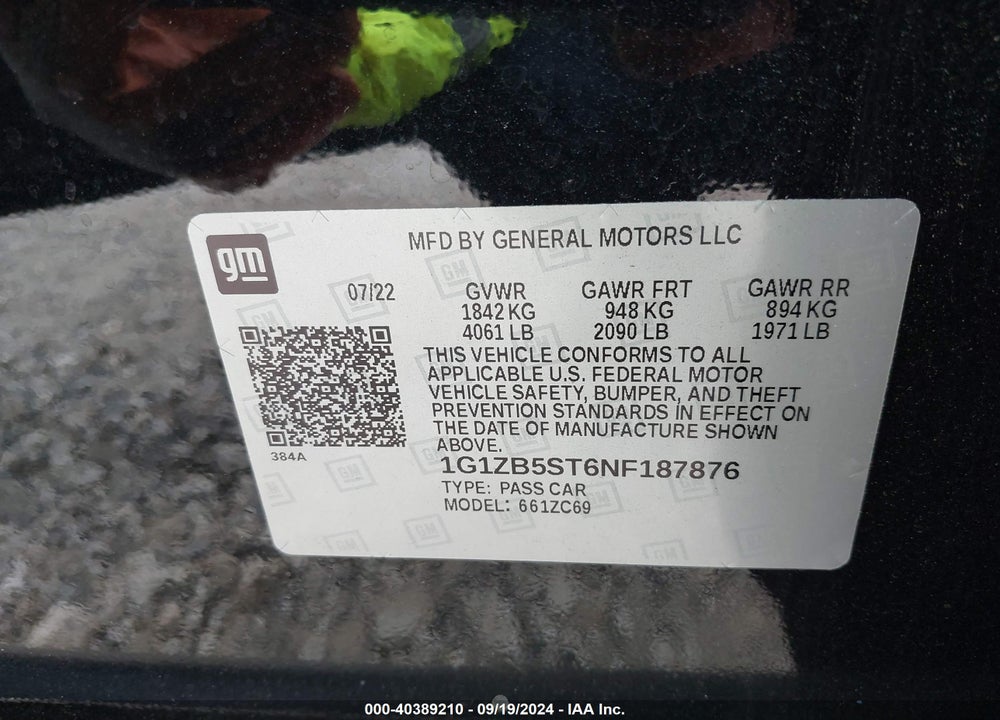 2022 CHEVROLET MALIBU FWD LS VIN: 1G1ZB5ST6NF187876