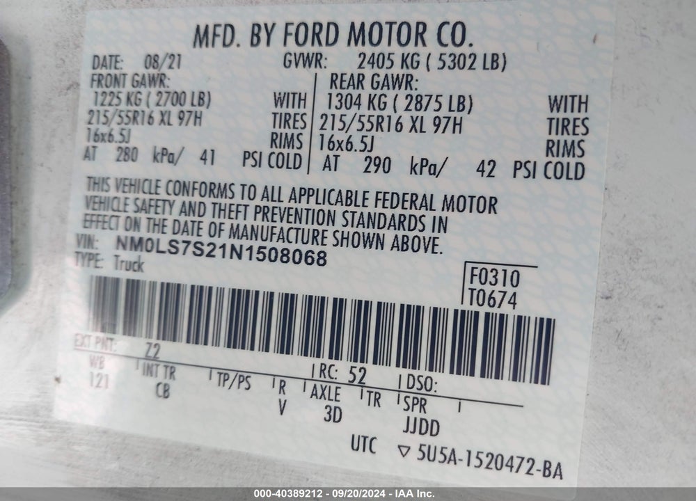 2022 FORD TRANSIT CONNECT XL VIN: NM0LS7S21N1508068