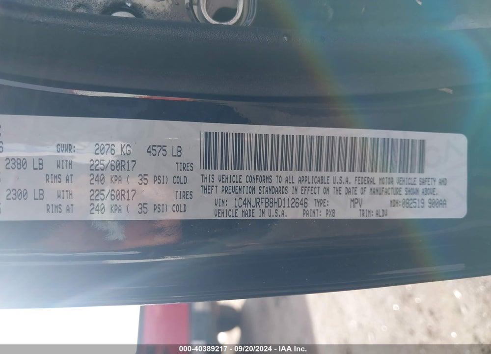 2017 JEEP PATRIOT HIGH ALTITUDE 4X4 VIN: 1C4NJRFB8HD112646