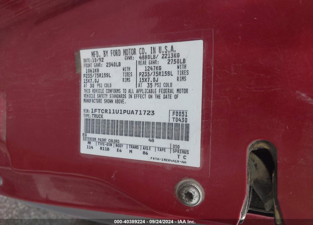 1993 FORD RANGER VIN: 1FTCR11U1PUA71723