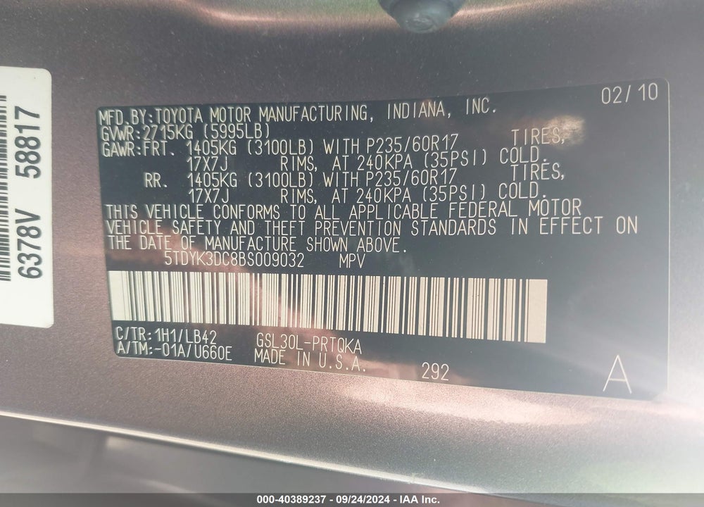 2011 TOYOTA SIENNA XLE V6 VIN: 5TDYK3DC8BS009032