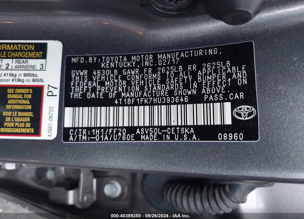 2017 TOYOTA CAMRY SE VIN: 4T1BF1FK7HU393646